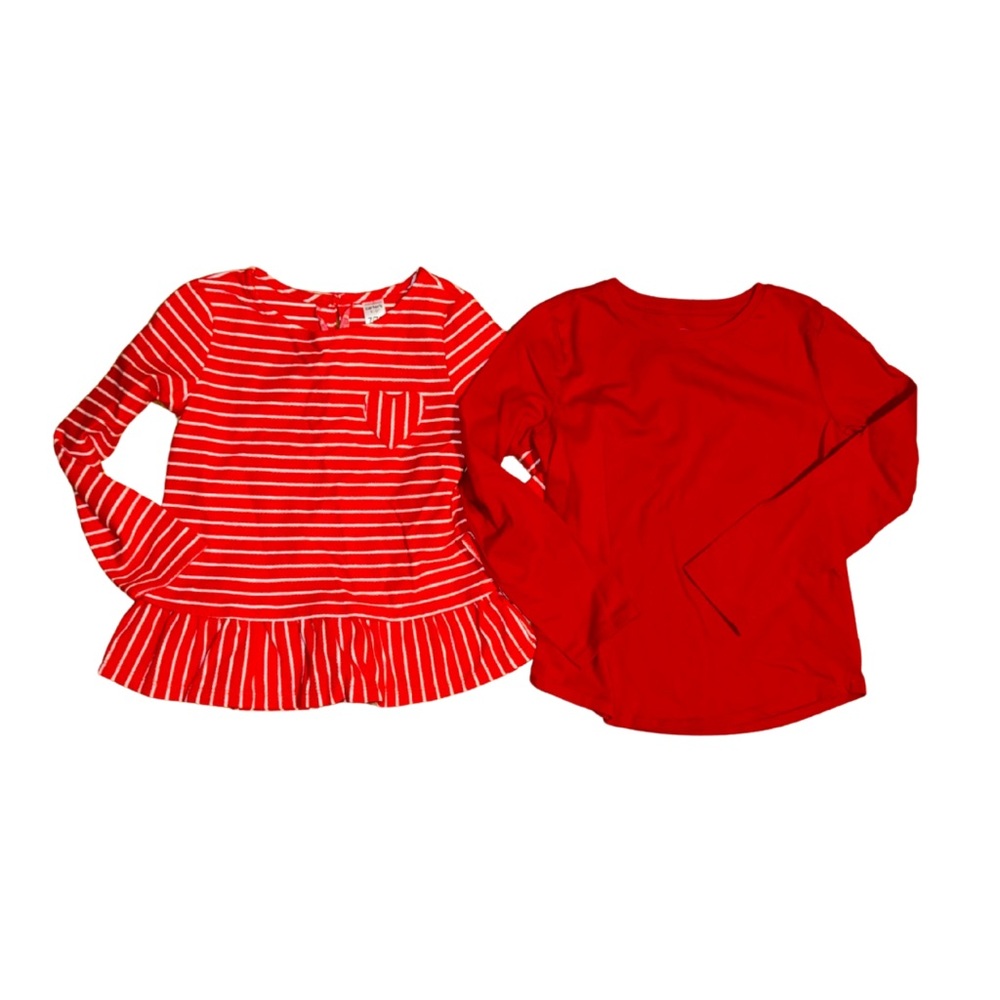 Bundle of Carter's Red Striped and Heart Long Sleeve Tees